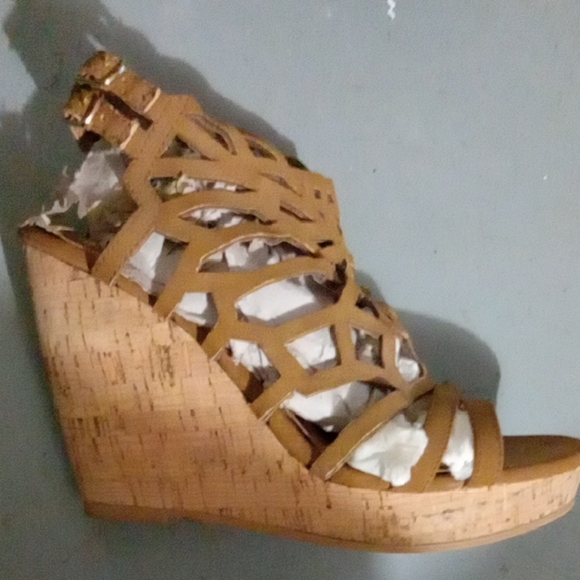 Tan Cut-Out Platform Wedge Sandals with Cork Heel Bohemian Beachy Casual Wedge - Picture 3 of 16